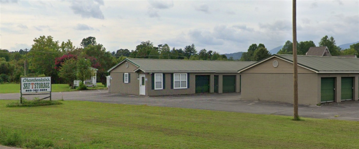 Roadside view of the Chamberlain office and storage buildings